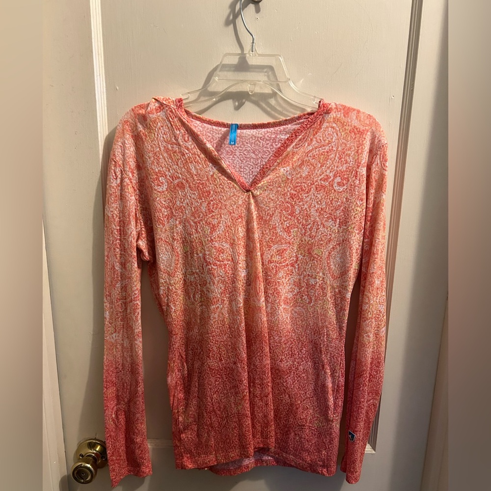 Kuhl Women’s light weight paisley burnout hooded long sleeve top pint‎ orange M